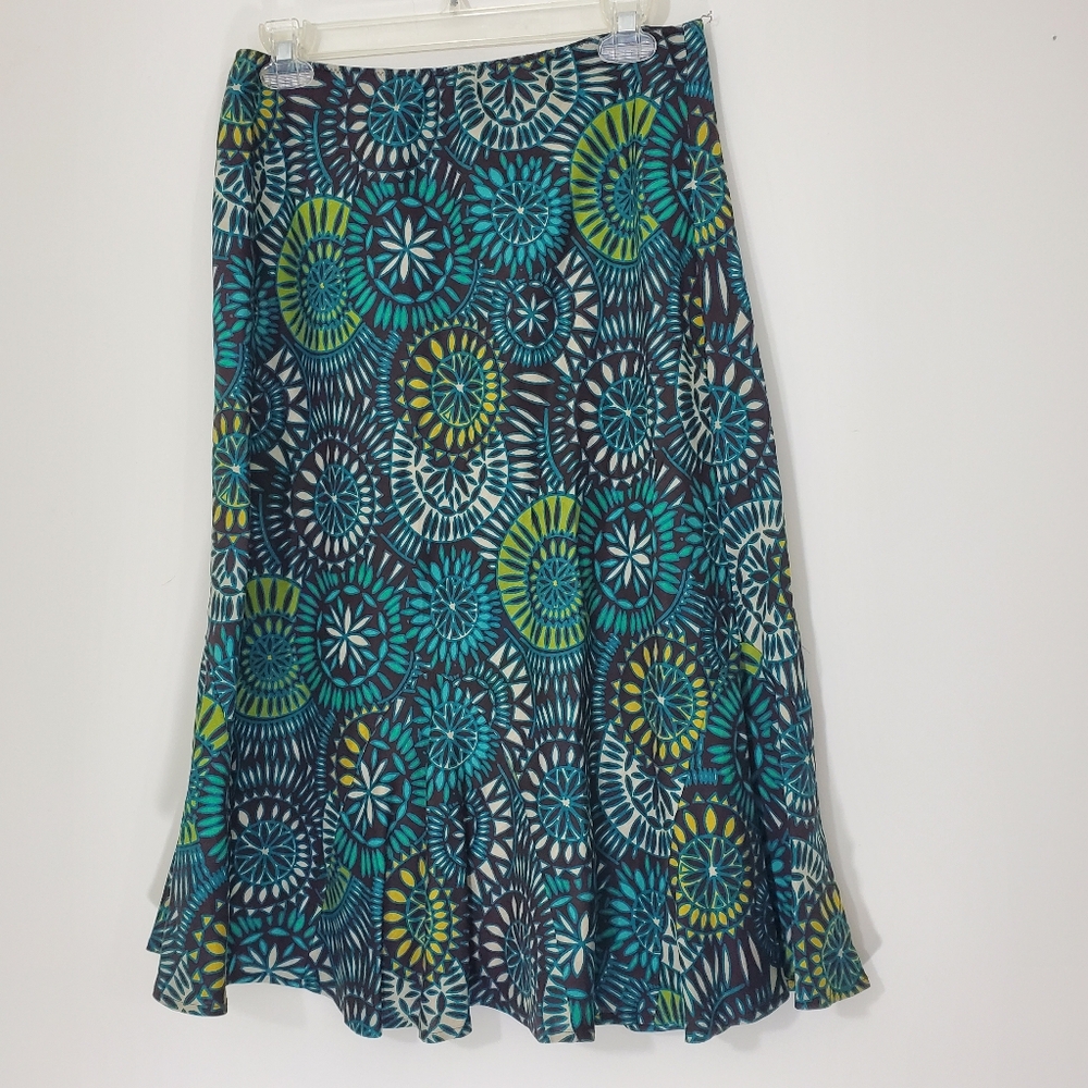 East 5th Blue and Green Midi A-Line Skirt, Size 8
